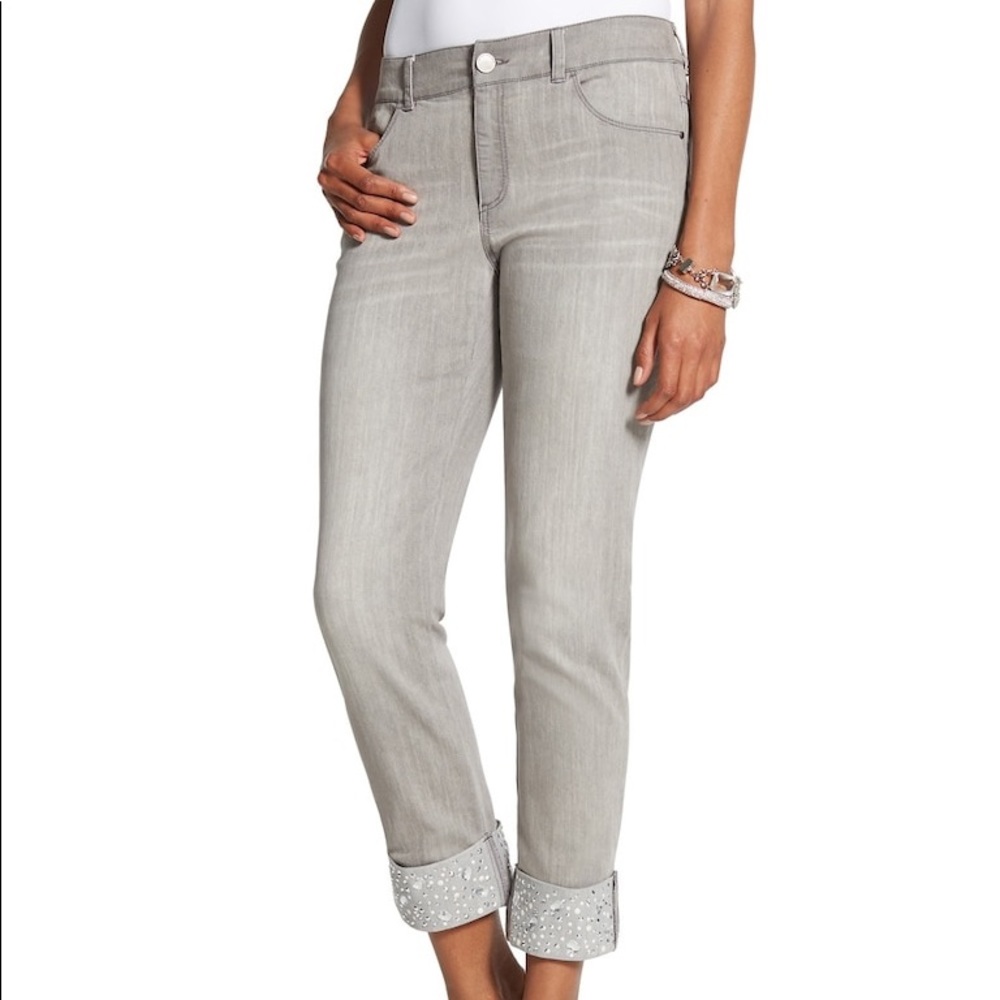 Chicos Platinum Denim Bling Cuff Boyfriend Skimmer